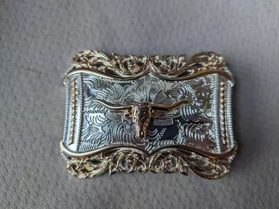 Vintage COWBOY Belt Buckle WESTERN Rodeo ALSA Brass 4  Silver/gold • $49.95