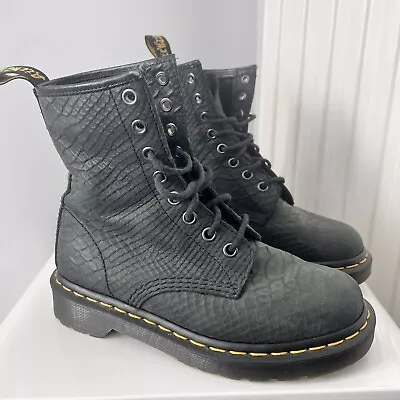 Dr Doc Martens Black Leather Boots Croc Embossed 8 Eyelet Ankle 1460 Pascal UK 3 • £39.99