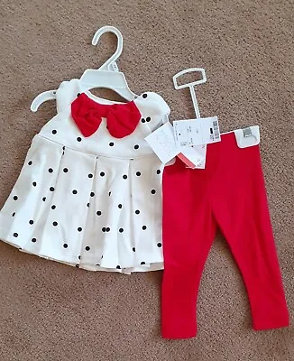 BNWT Maggie & Zoe Baby Girl's Dress & Leggings Set Red White Age 3 - 6 Mths • £6.99