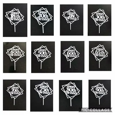 Happy Birthday Geometric Cake Toppers White Black Silver Mirror Acrylic Party • £4.25