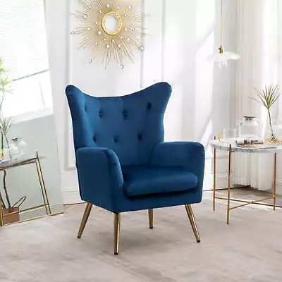Velvet Button-Tufted Wing Back Accent Chair Blue • $201.60