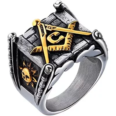 Cy Trendy Men's Vintage Stainless Steel Square Freemason Masonic Ring Size 7-14 • $12.34