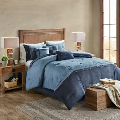Chic 7pc Textured Shades Of Blue Microsuede Comforter Set AND Decorative Pillows • $151.99