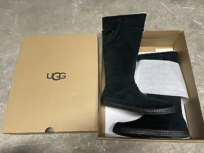 UGG Emerie Knee High Flat Boots Black Suede Tassel Charm Size 8 US Women $160 • $35