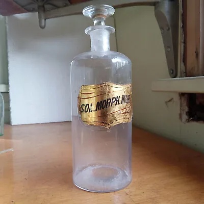 1880s MORPHINE LABEL UNDER GLASS APOTHECARY BOTTLE & STOPPER WRIGHT ROCHESTER • $80