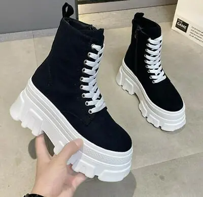 $66.16 • Buy Womens Casual Lace Up High Top Canvas Platform Chunky Heel Creepers Sneakers 9cm