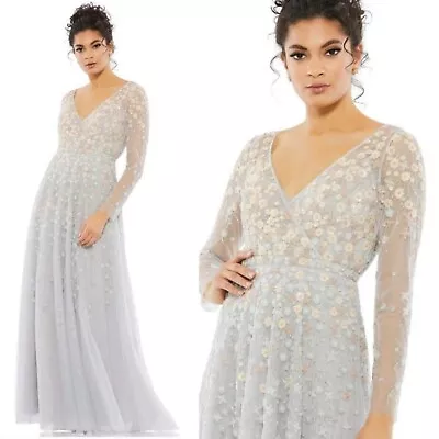 Mac Duggal $798 Size 18 Beaded Floral Platinum Light Blue Long Sleeve 9131 Dress • $449.50