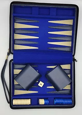 Backgammon Set Blue Faux Leather Travel Case Two Player Vintage No Dice • $19.95