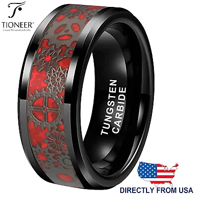 Tungsten Carbide Wedding Band Ring Red Steampunk Gear Wheel Men 8MM FREE ENGRAVE • $17.19