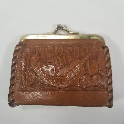 Change Purse Vintage Mexico Design Tooled Leather With Kiss Latch  Guitar • $17.97