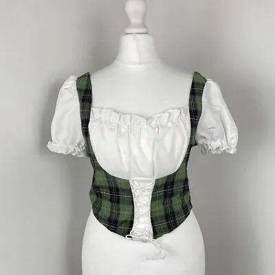 Green Plaid Milkmaid Corset Style Crop Top Check Square Neck - Size Medium • £22.50