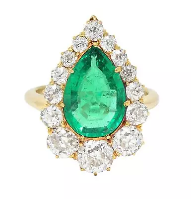 Late Victorian 5.34 CTW Pear Colombian Emerald Diamond 18 Karat Gold Ring AGL • $34100