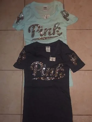 Victorias Secret Pink  Pink   P  Bling Sequin Cursive Vneck Nwt • $34