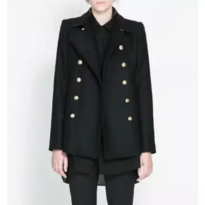 Zara Wool Blend Military Double Breasted Peacoat Black With Gold Buttons XS • $100