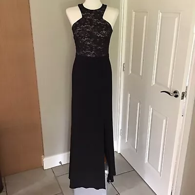 Nightway Black Evening Dress Maxi Size 6 Lace Top  Long Slit Skirt Prom Dress • £25