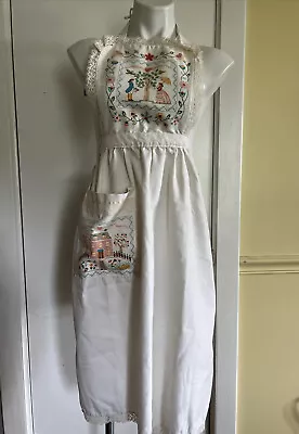 Kitchen Works Gorgeous Apron Cross Stitch Print House & Couple Lace Trim Vtg? • $18