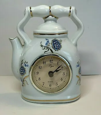 Vintage Elgin Porcelain Teapot Kitchen Mantle Table Clock Cobalt Gold Flowers • $26.93