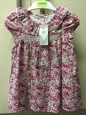 £9.99 • Buy M&S Baby Girl Pink Floral Cotton Tea Dress 12-18 Months Height 83cm, Brand NEW