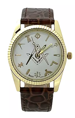 Masonic Freemason Square And Compass Gilt Quartz Brown Leather Wrist Watch • £18.95