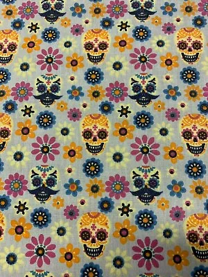 Mexican Candy Skulls Moustach Floral Flowers Gothic Halloween Fabric  • £3.75