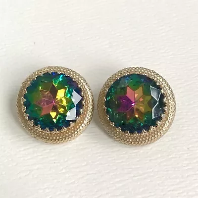 Vintage Schiaparelli Watermelon Tourmaline Rivoli Gold Tone Clip-On Earrings • $95