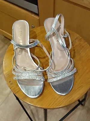 Women's Allegra K   Silver Rhinestone Kitten Heel Sandals New Wedding Party  • £9.99