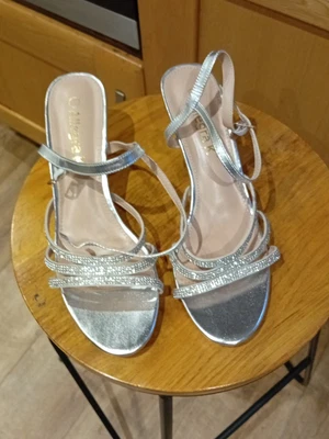 Women's Allegra K   Silver Rhinestone Kitten Heel Sandals New Wedding Party  • £9.99