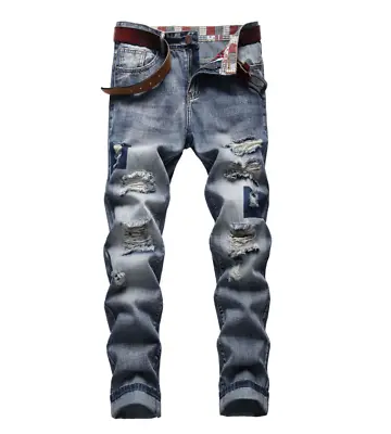 Mens Retro Blue Badge Decor Denim Jeans Straight Leg Hip Hop Pants Trousers Punk • $34.98