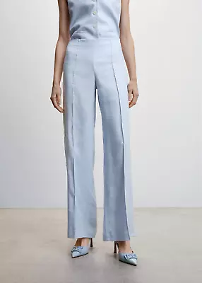 Mango 100% Linen High Waisted Wide Leg Blue Trousers Size Large • £19.99