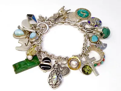 Heavy Vintage Estate Sterling Toggle Link Charm Bracelet W 24 Sterling Charms 7  • $264.95