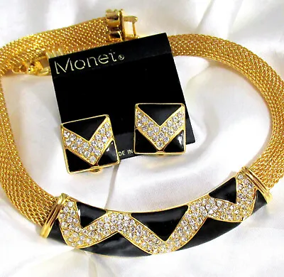 VTG RUNWAY 80s MONET DECO BLACK ENAMEL RHINESTONE GP NECKLACE EARRINGS On CARD • $149.99