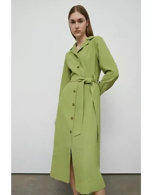 Warehouse Lapel Green Midi Shirt Dress UK 14 With Belt • £16.99