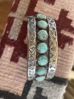 Vintage Navajo Hand Hammered Cerrillos Turquoise Sterling Bracelet. • $350