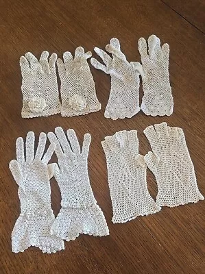 Lot Of 4 Pair Vintage Crochet Gloves White/Taupe Sz Unknown • $25