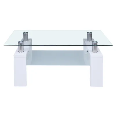 37  Rectangular Coffee Table Tempered Glass Shelf Modern Living Room Furniture • $88.99