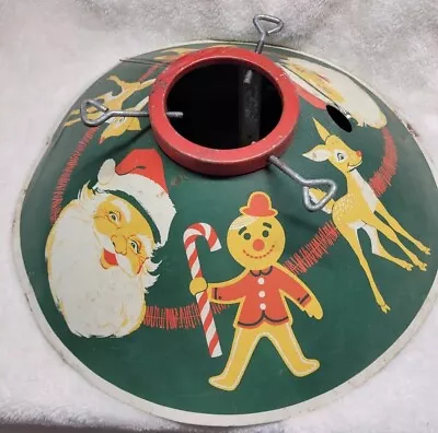$99 • Buy Old Vintage Green Tin Litho Santa Rudolph Gingerbread Xmas Christmas Tree Stand