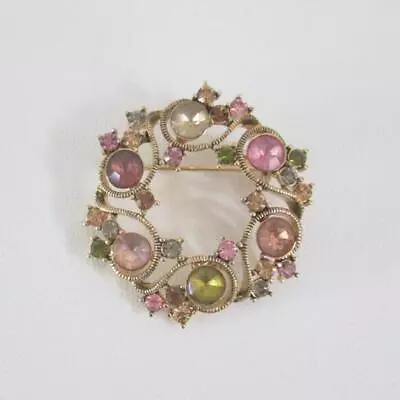 Monet Brooch Rhinestone Wreath Vintage Goldtone Pin Multi Color Stones • $32.98