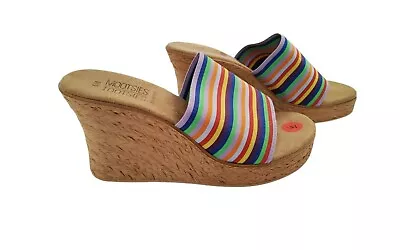 Mootsie Tootsie 3.25  Wedge Heel Elastic Band Multicolor Strips Slide On Sandals • $19.60