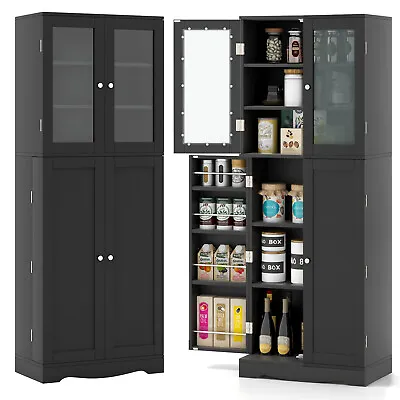 63.5  Tall Kitchen Pantry Storage Cabinet W/ Glass Door Storage Shelves Black • $184.29