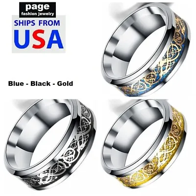 Blue/Black/Gold- Celtic Dragon 8mm Band Stainless Steel Rings Size 6.5-12 • $4.49
