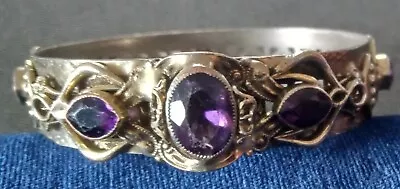 Vtg Antique Art Nouveau Ornate Scrolled 5 Stone Amethyst Paste Bangle Bracelet ! • $44.99