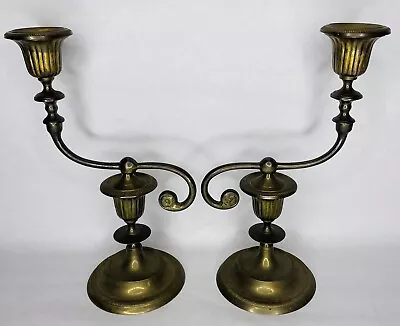 Vintage Brass Metal Ornate Asymmetrical Candlestick Holders 10” Set Of 2 • $35.99