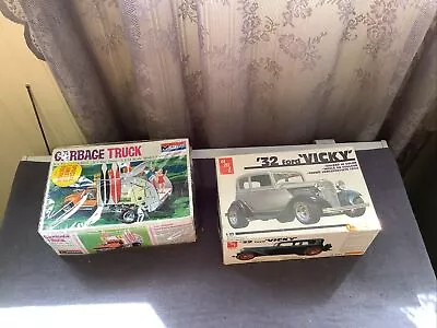 VIntage 1968 Monogram Garbage Truck Model & Amt 32 Ford Vicky Used Open Boxes • $45