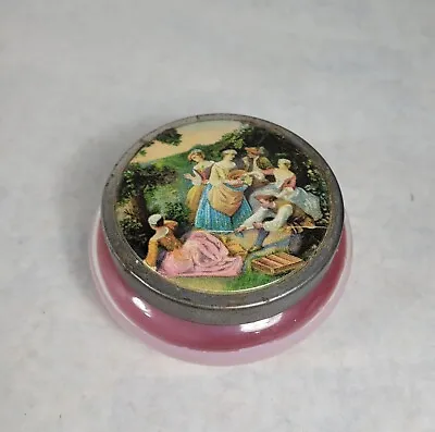 Vintage Glass Vanity Jar Painted Pink W/ Metal Lid Victorian Dresser Trinket Box • $19.50