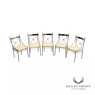 Directoire Style Vintage Chromed Steel And Brass X Back Set Of 5 Dining Chairs • $2395