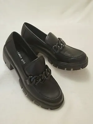 Madden Girl Hoxtonn Shoes Womens 8 Medium Black Chunky Platform Chain Loafers • $24