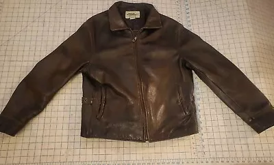 VTG Eddie Bauer Leather Jacket  Brown Heavy Quilt Lined Full Zip Cafe Bomber L • $158