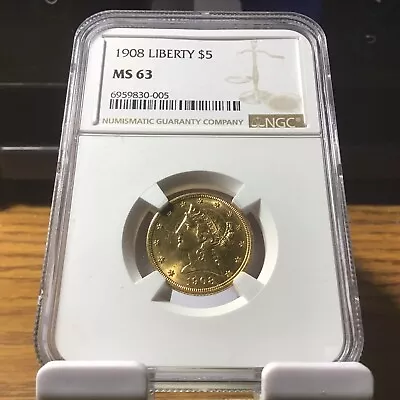 1908 $5 Gold Five Dollar Half Eagle Ngc Ms63 Rare Us Gold Coin. • $1100