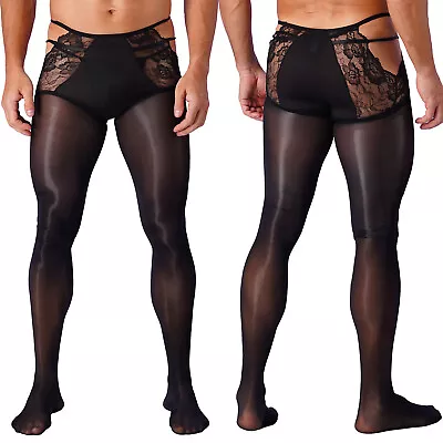 US Sissy Men's Lace Sheer Glossy Tights Pants Hollow Out Pantyhose Stockings • $9.38