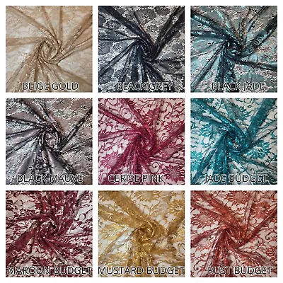 Floral Budget Lace Fabric Glitter Wedding Dress Sheer Net Shimmer Material 58  • £2.87